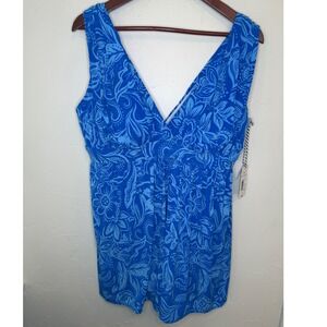 Sonnet Shores Swim Dress Women 14 Blue Floral V-Neck Tummy Control One Piece NEW